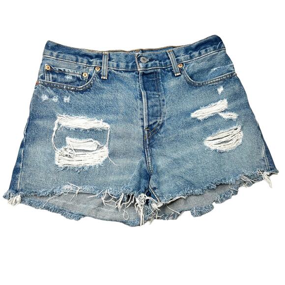 Levi's Wedgie Short High Rise Medium Wash Distressed Cut Off Denim Shorts Sz 30 - Picture 2 of 13